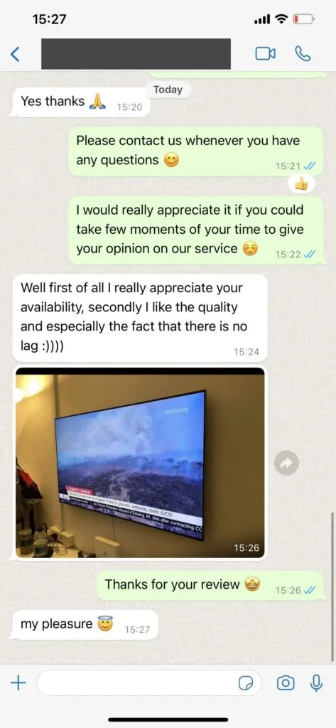 WhatsApp customer feedback chat screenshot 2 confirming stream stability