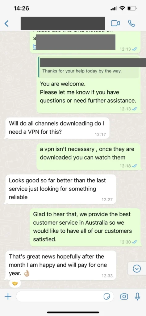 WhatsApp customer feedback chat screenshot 3 confirming stream stability